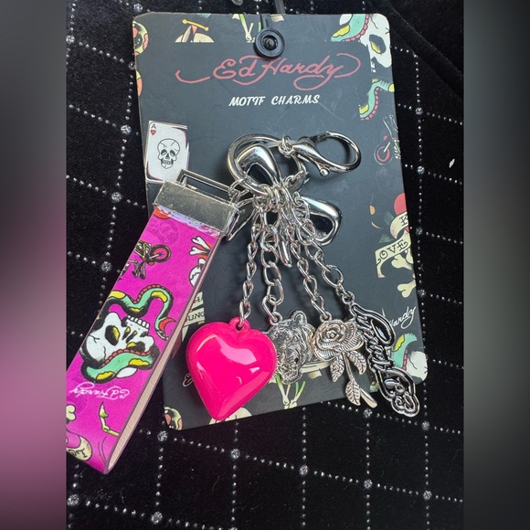 Ed Hardy Pink and Silver bag Charms with keychain - Picture 1 of 1
